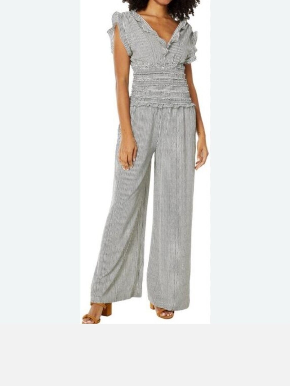Max Studio Gray Striped Smocked Wide-Leg Jumpsuit